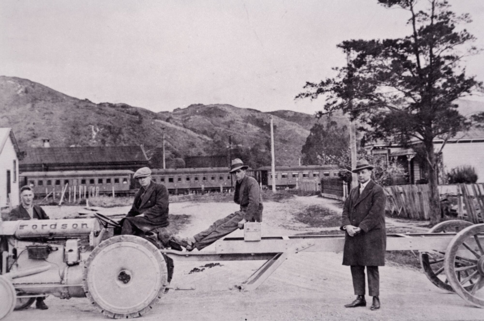 Station Street(?) looking south; tractor, trailer and Mayor Peter Robertson.