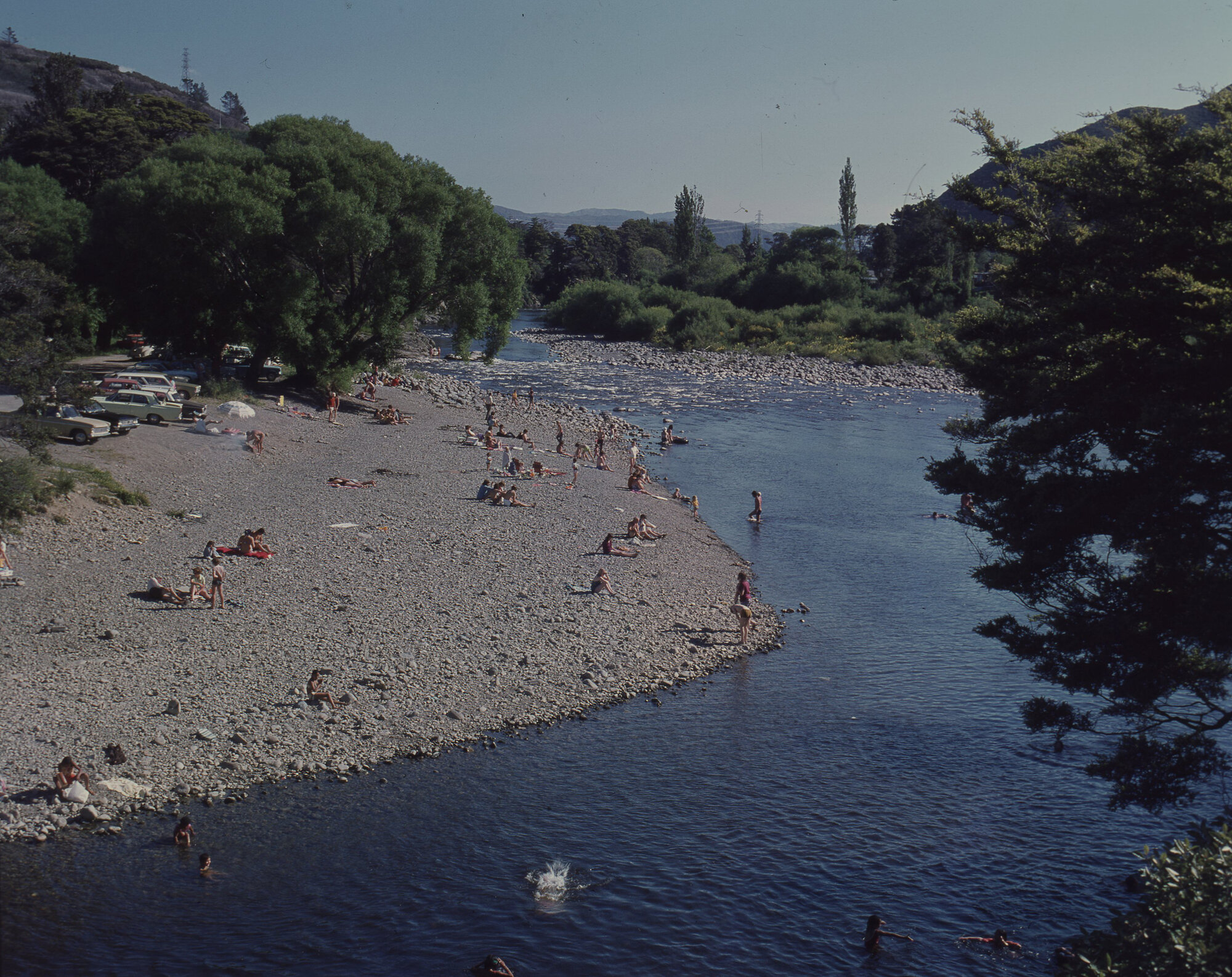 Swimmers in the Hutt River, Te Awa Kairangi; ca 1969