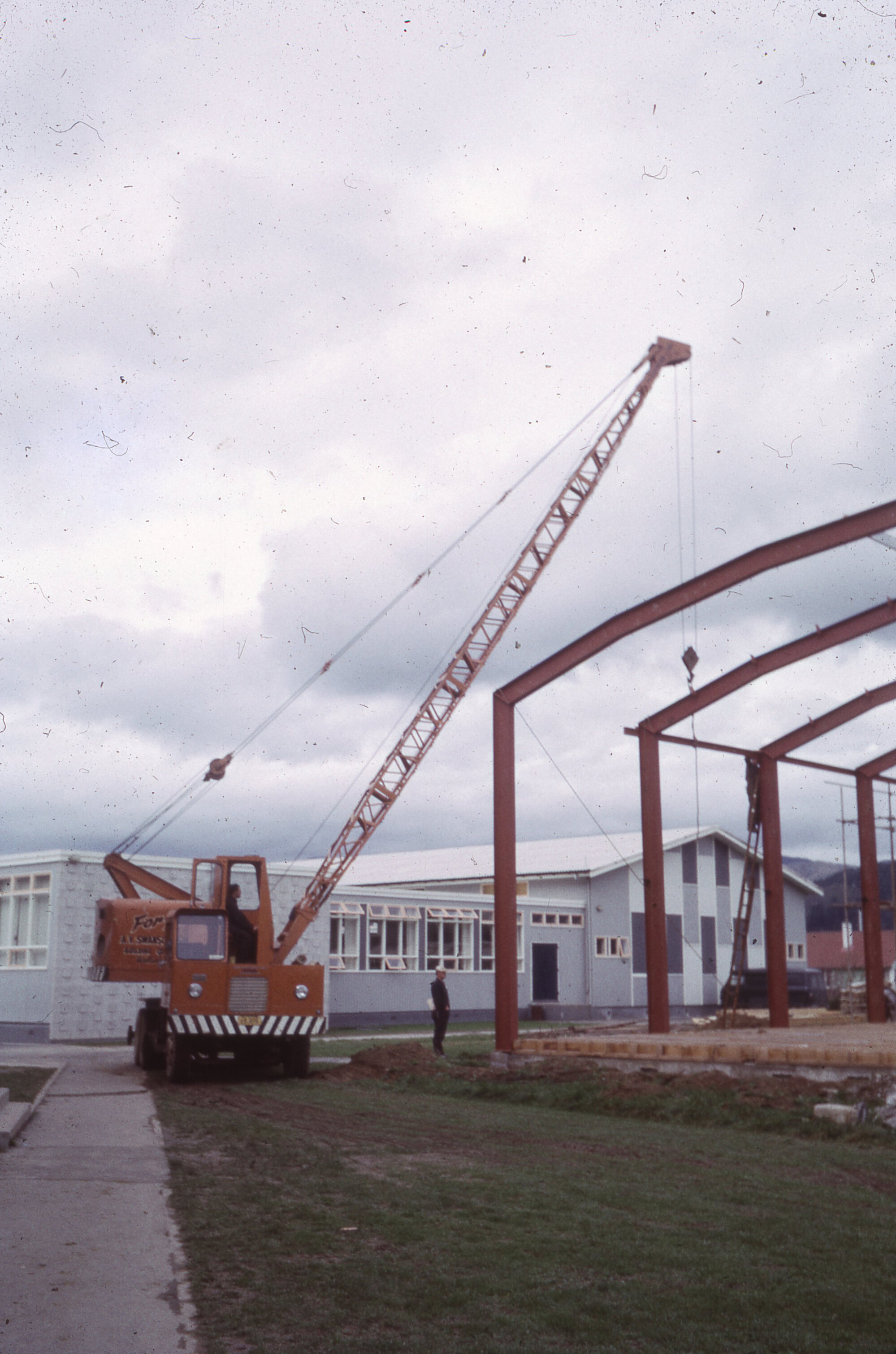 Upper Hutt College buildings May 1965; gym framework started