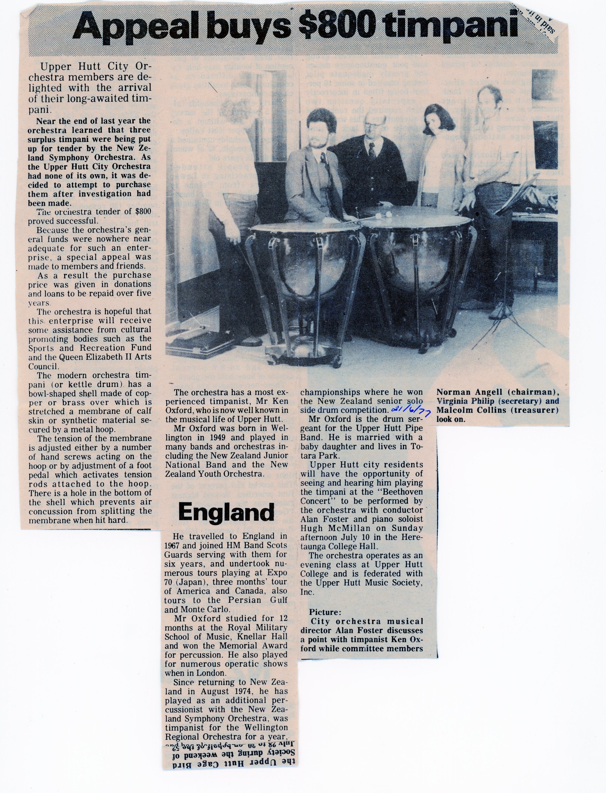 Newspaper clipping relating to the Upper Hutt City Orchestra; ca1975