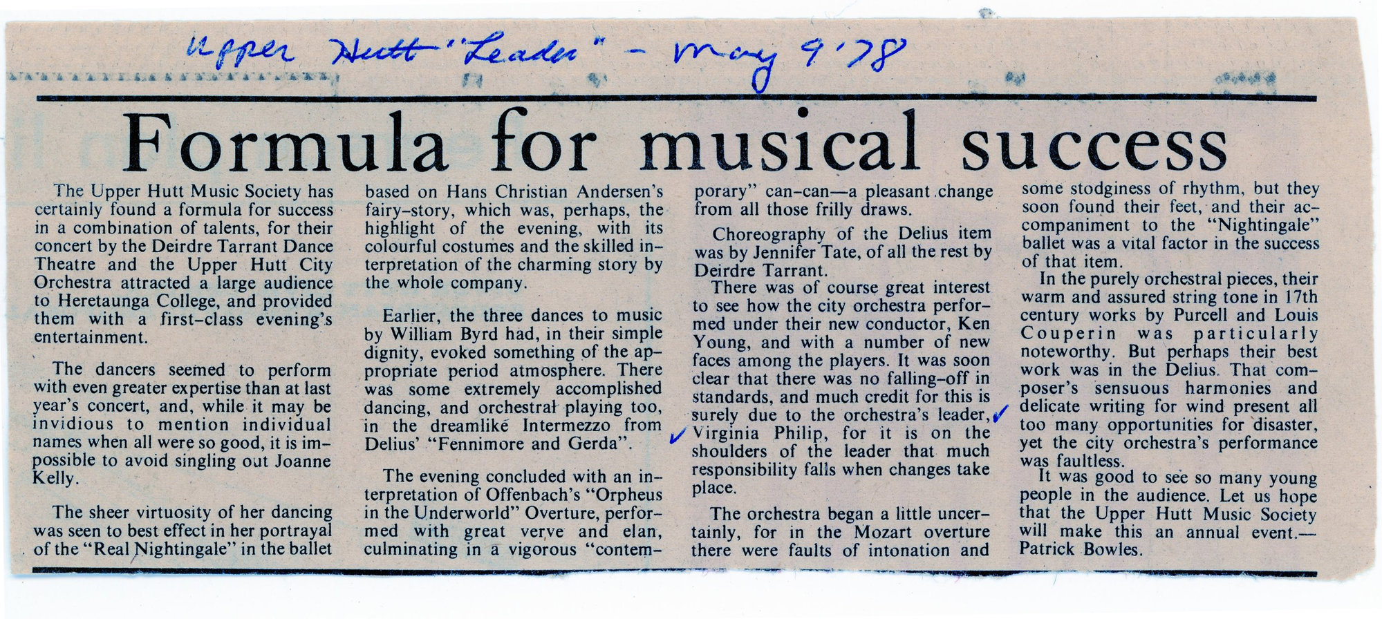 Newspaper clipping relating to the Upper Hutt City Orchestra; 9 May 1978