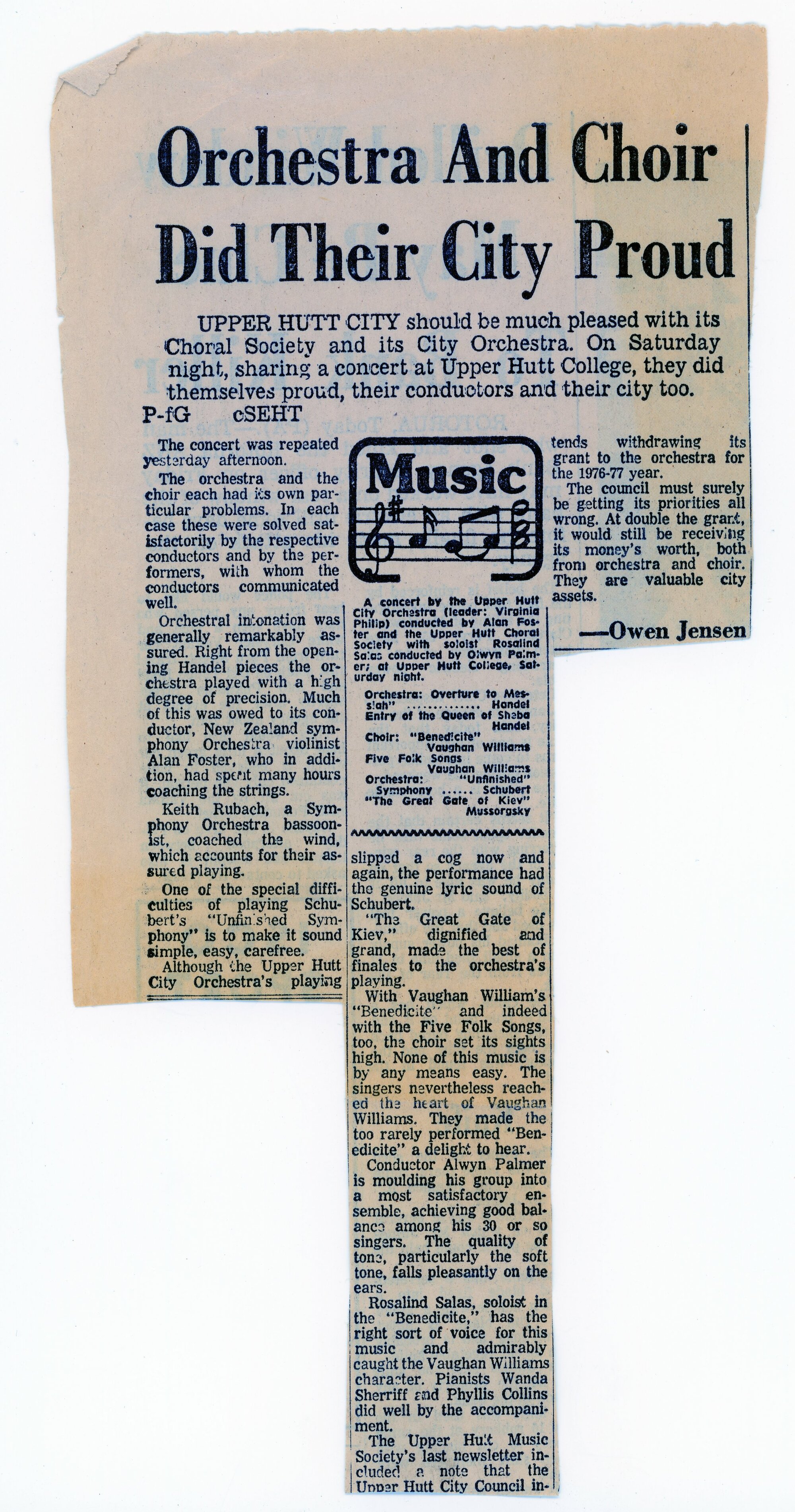 Newspaper clipping relating to the Upper Hutt City Orchestra; ca1975