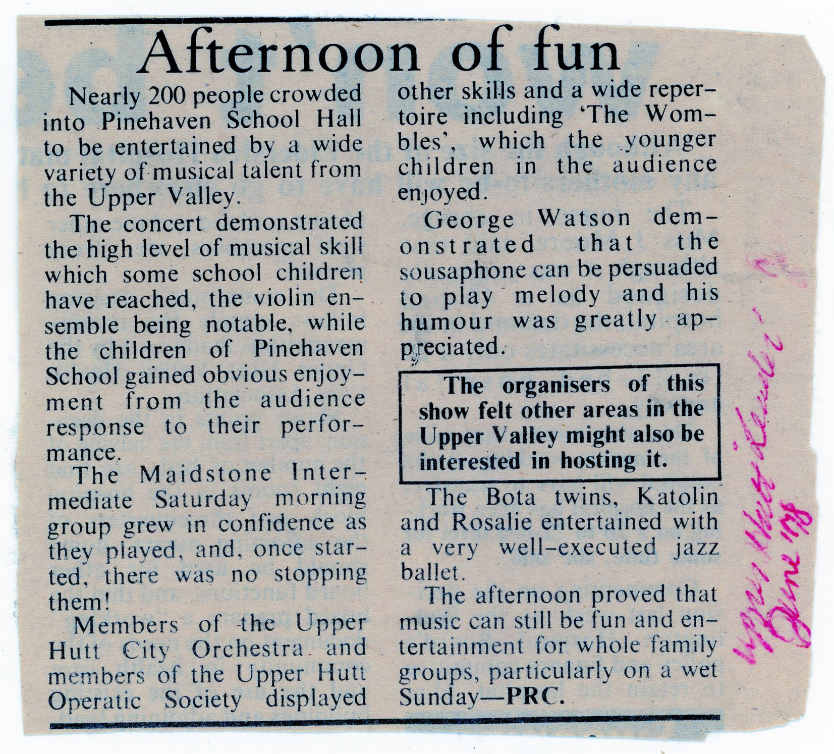 Newspaper clipping relating to the Upper Hutt City Orchestra; June 1978