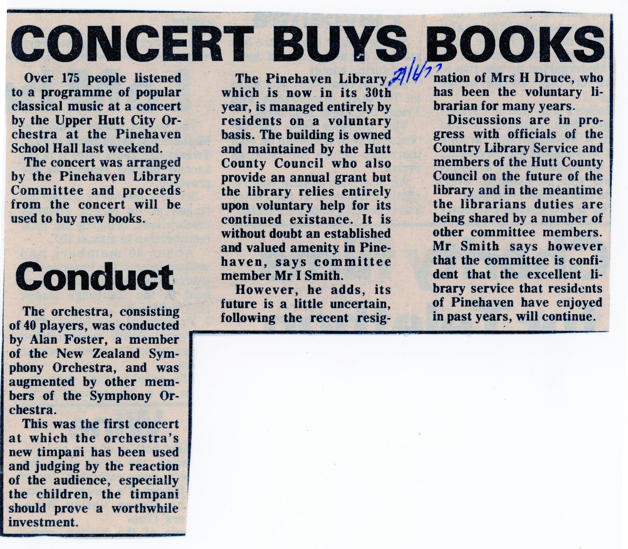 Newspaper clipping relating to the Upper Hutt City Orchestra; ca1975