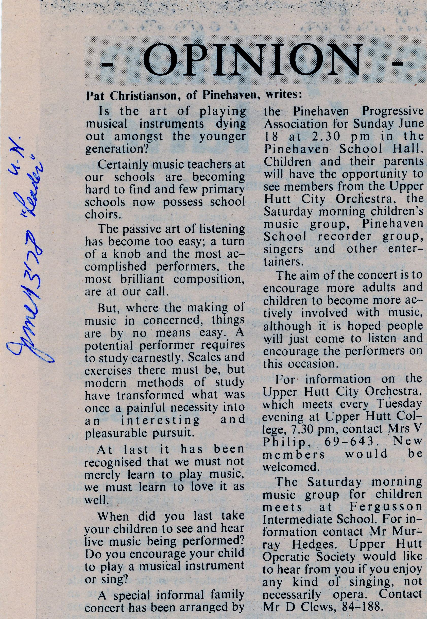 Newspaper clipping relating to the Upper Hutt City Orchestra; 13 June 1978