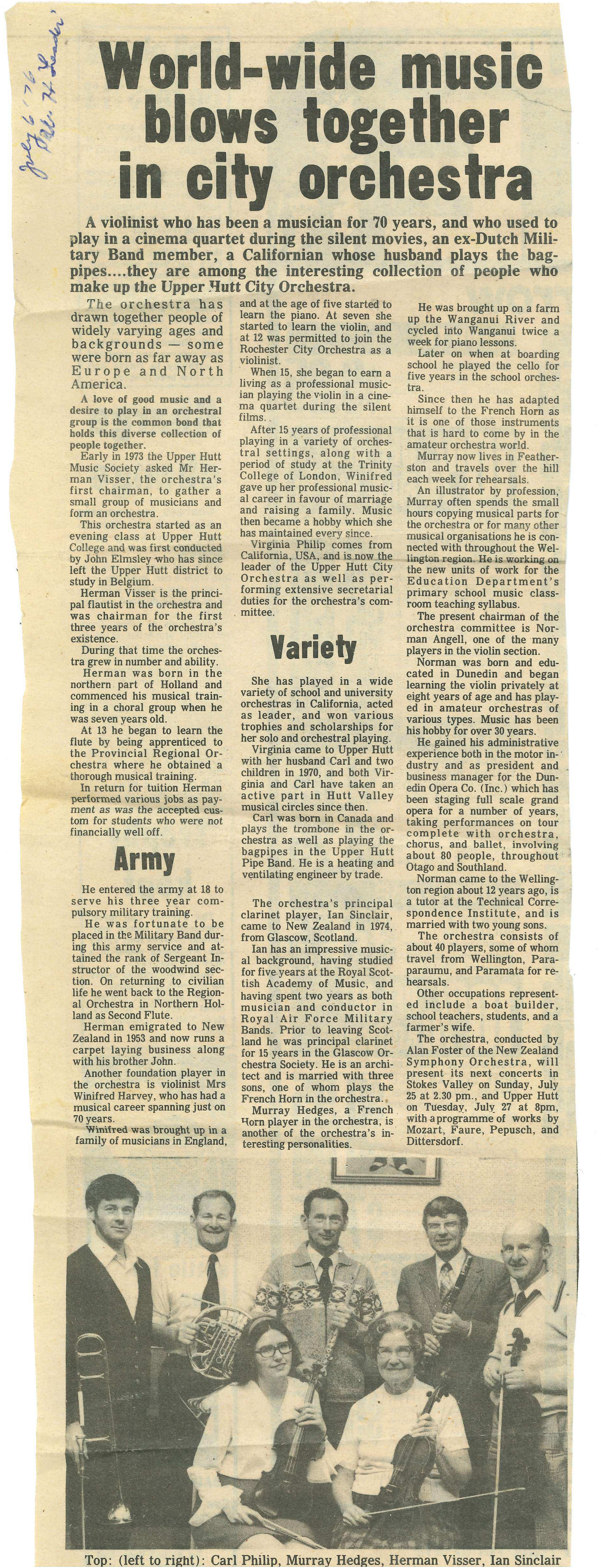 Newspaper clipping relating to the Upper Hutt City Orchestra; 6 July 1976