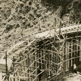 Birchville water-supply dam 3; construction, 1930. Shuttering awaiting concrete. [P1-375-1813]