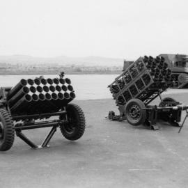 Royal School of Artillery, Larkhill; gun park; rocket projectors. [P1-389-1849]