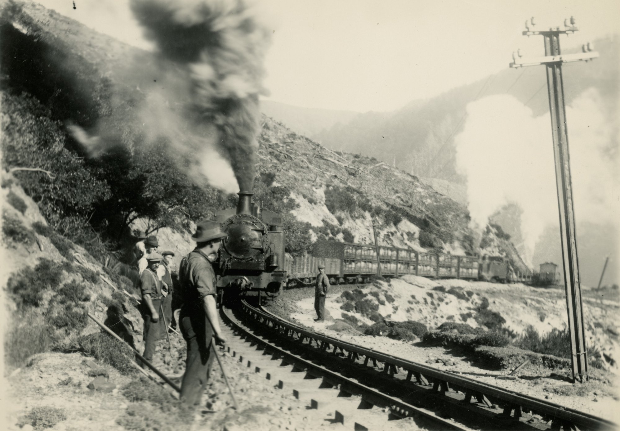 Rimutaka Incline; goods train and surfacemen engaged in track work.  [P2-18-26]