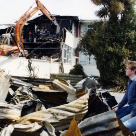 Heretaunga College; Guy Fawkes night fire ruins; Loren Gilchrist, Sam Vilain.