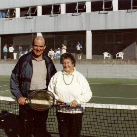 Upper Hutt Tennis Club 1995; president Ian Wallis, with new life member Kath Meachem.