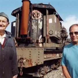 Silver Stream Railway; newly-arrived steam crane. Society member Syd  Bisdee, President Brian Pearce.