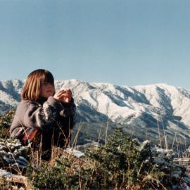 Maoribank School; Narketa Duncan in the snow at the top of Mangaroa Hill.
