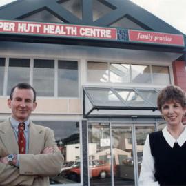 Upper Hutt Health Centre; new Queen Street entrance; Dr Peter Gillies and practice manager Carol Moran.
