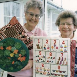 Embroiderers' Guild; Heather Brown, Beryl Goudswaard with items for exhibition on 150 years of embroidery.