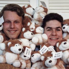 Leo Clubs' Gareth Todd, Darren Jackson; cuddly lions for Victim Support Group. 