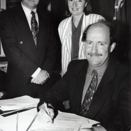 MPs Peter McCardle, Paul Swain and "Leader" editor Rosemary McLennan; petition against skyrockets.