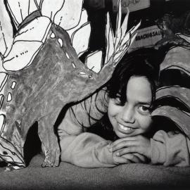 Brentwood School; Renee Campbell with her dinosaur Stegosaurus.