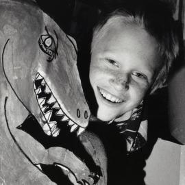 Brentwood School; cardboard Allosaurus with Damon Adamson.