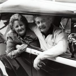 Model A shop, Princes Street; owner Geoff Sanderson, councillor Shirley Russell in Bill Oppatt's Model A Ford.
