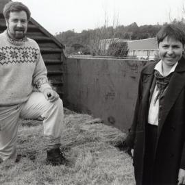 Nevin Grieve and Sue Reid with hay bales for South Island snow relief