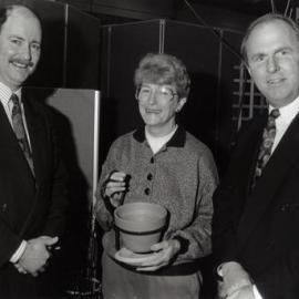 Scaife Wire Products; Jeanette Scaife at Upper Hutt's Expo, with  MP Peter McCardle, Revenue Minister Wyatt Creech.