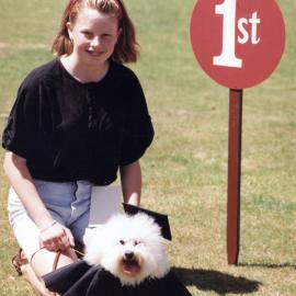 Moggy Dog Show; "best fancy hat" winner with owner Gina Stewart