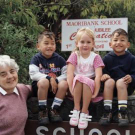 Maoribank School principal Beryl Yeoman with new entrants Joseph and Robert Tamarapa, and Ashleigh Mason.