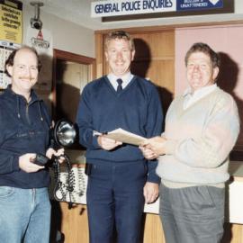 Police; Heretaunga MP Peter McCardle, Community Constable Kerry Fenton, Mayor Rex Kirton before night patrol.