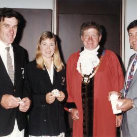 Former Olympic cyclists Harry Kent, Jacqui Nelson, Neil Lyster receive Olympic Games pins.