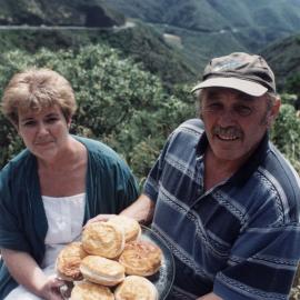 Rimutaka Hill road, looking north-west from the summit; 'Pie in the Sky' tearooms owners Charlie and Robyn Parker.