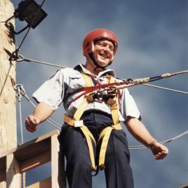 Lions; Te Marua Black Stump Pole Swing charity fund-raiser; Community Constable Brian Childs is ready.