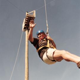 Lions; Te Marua Black Stump Pole Swing charity fund-raiser; Mayor Rex Kirton, after his jump.