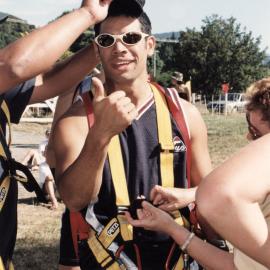 Lions; Te Marua Black Stump Pole Swing charity fund-raiser; thumbs up from Anthony Samuels of 'What Now'.