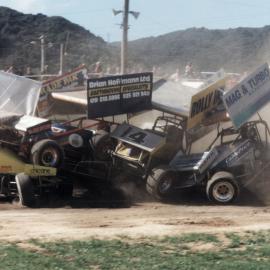 Te Marua speedway; five-sprint-car pile-up.