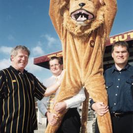 Rugby; National Provincial championship; Rex Kirton, Wayne Guppy, Dave Rennie with Wellington Lions mascot.