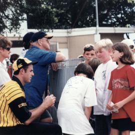 Cricket Max; Wellington Firebirds all-rounder Richard Petrie and autograph hunters.