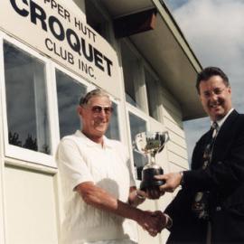 Croquet club, McLeod Park; Alan Hurst, first winner of the Hazelwood cup, presented by Michael Gibbs.