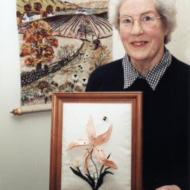 Embroiderers' Guild; Dorothy Bayley with works for Community Gallery exhibition.