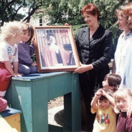 Doris Nicholson Kindergarten; grand-daughter Tania Wright, N Z Free Kindergarten Association president, visits.