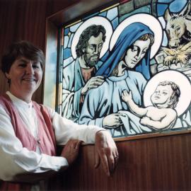 St Joseph's Catholic Church of 1965; interior; Maureen Clegg and re-painted etched windows.