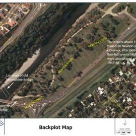 Location of former Newton Street; east bank of Te Awa Kairangi / Hutt River, upstream of Moonshine Bridge. 