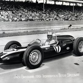 Racing car; Jack Brabham in Cooper; first rear-engined car at Indianopolis. 