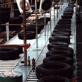 Dunlop tyres; sorting conveyor, viewed from the inspection platform