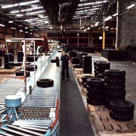 Dunlop tyres; sorting conveyor, viewed from the inspection platform