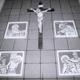 St Joseph's Catholic church of 1965; interior; north wall; Christ on the Cross, and four Stations of the Cross.