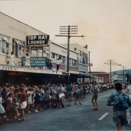 Main Street; elephant race to raise money for Maidstone pools filtration plant; Main Street crowd.