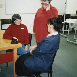 Oral history training; Civil Defence room, UHCC. Nicola Frean, Meri Ahpene seated; Linda Evans.