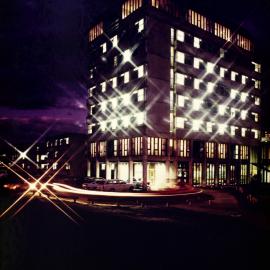 Central Institute of Technology buildings; accommodation tower and block, night, looking east.