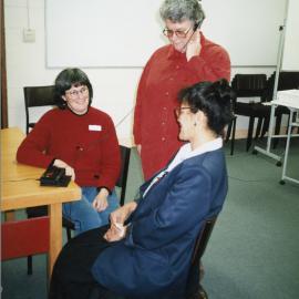 Oral history training; Civil Defence room, UHCC. Nicola Frean, Meri Ahpene seated; Linda Evans.